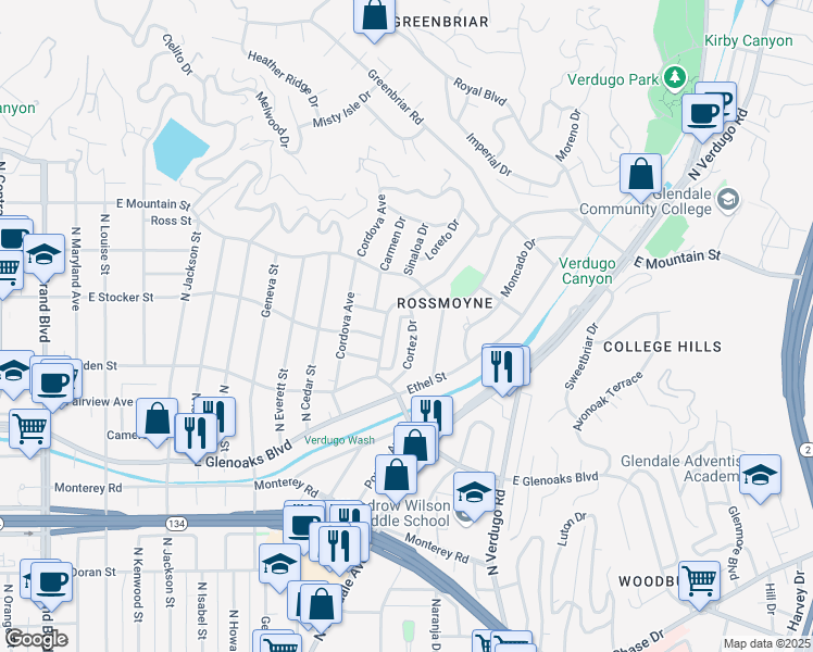 map of restaurants, bars, coffee shops, grocery stores, and more near 1211 Cortez Drive in Glendale