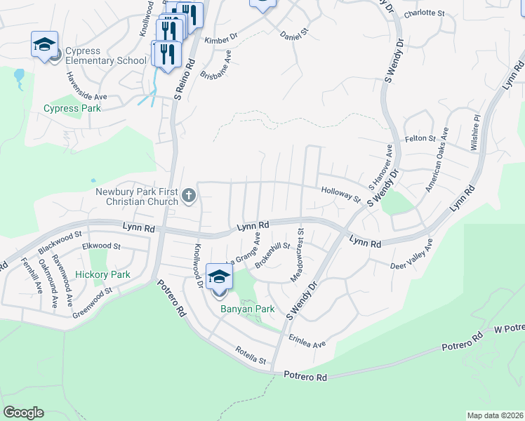 map of restaurants, bars, coffee shops, grocery stores, and more near 872 La Grange Avenue in Thousand Oaks