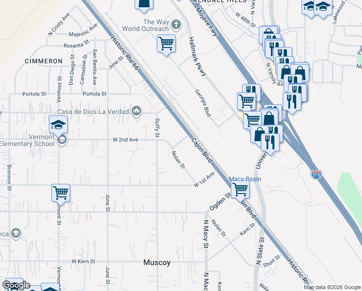 map of restaurants, bars, coffee shops, grocery stores, and more near 2145 West 2nd Avenue in Muscoy