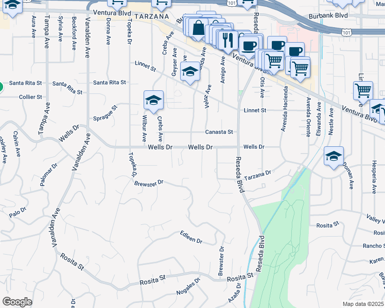 map of restaurants, bars, coffee shops, grocery stores, and more near 18800 Wells Drive in Los Angeles