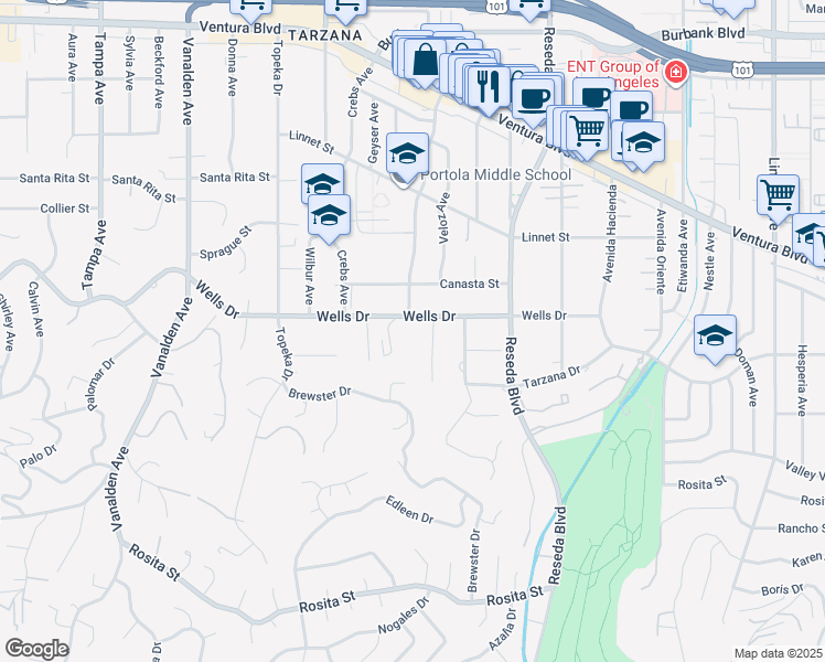 map of restaurants, bars, coffee shops, grocery stores, and more near 18760 Wells Drive in Los Angeles