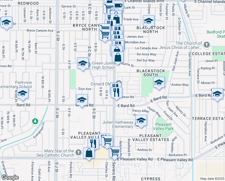 map of restaurants, bars, coffee shops, grocery stores, and more near 4051 Saviers Road in Oxnard