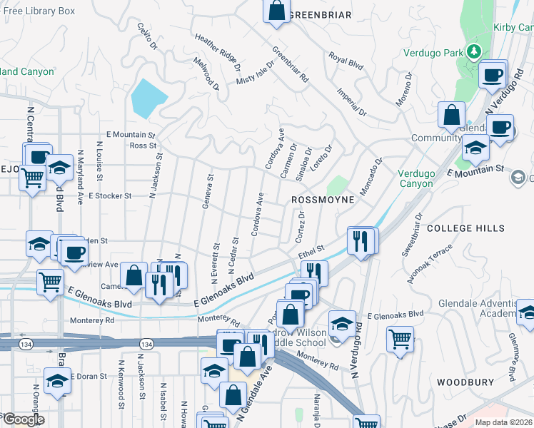 map of restaurants, bars, coffee shops, grocery stores, and more near 941 East Stocker Street in Glendale