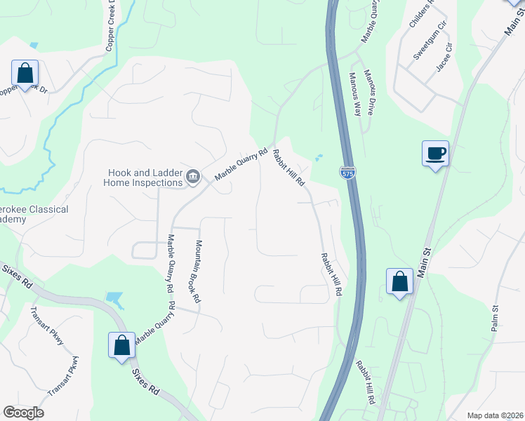 map of restaurants, bars, coffee shops, grocery stores, and more near 1735 Mountain Trace in Canton