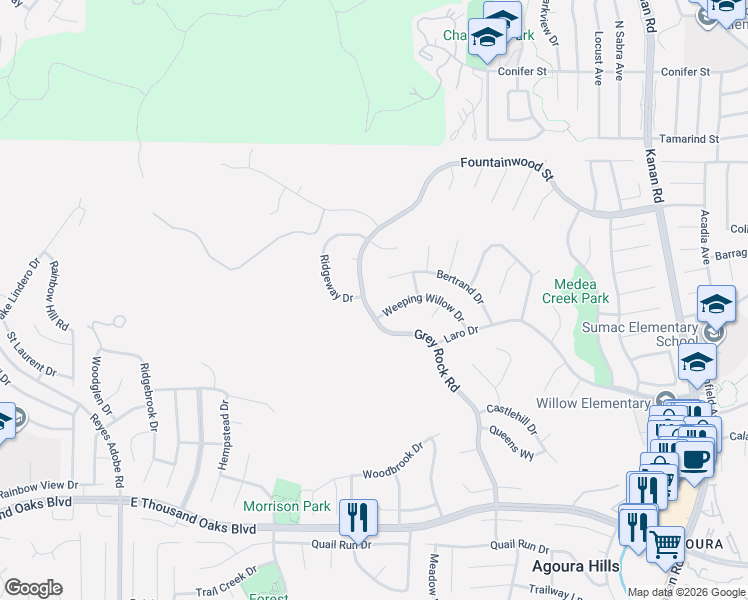 map of restaurants, bars, coffee shops, grocery stores, and more near 6120 Grey Rock Road in Agoura Hills