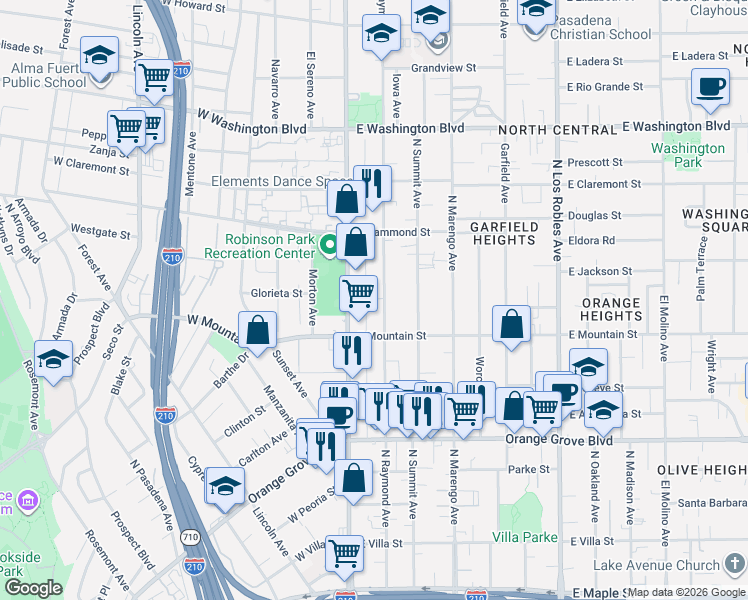 map of restaurants, bars, coffee shops, grocery stores, and more near 985 North Raymond Avenue in Pasadena