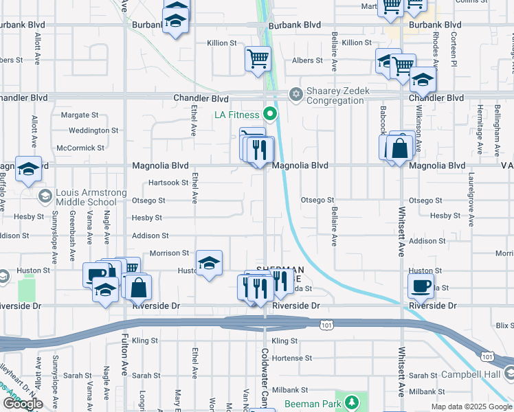 map of restaurants, bars, coffee shops, grocery stores, and more near 5055 Coldwater Canyon Avenue in Los Angeles