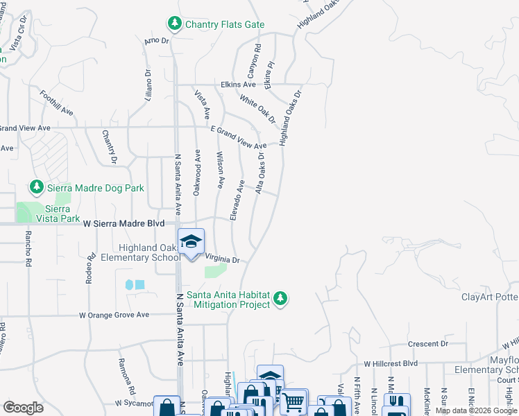 map of restaurants, bars, coffee shops, grocery stores, and more near 1738 Alta Oaks Drive in Arcadia