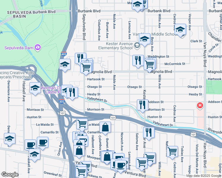 map of restaurants, bars, coffee shops, grocery stores, and more near 15110 Otsego Street in Los Angeles