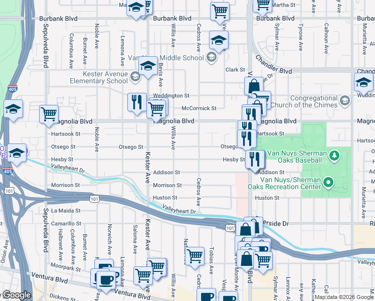 map of restaurants, bars, coffee shops, grocery stores, and more near 14707 Hesby Street in Los Angeles