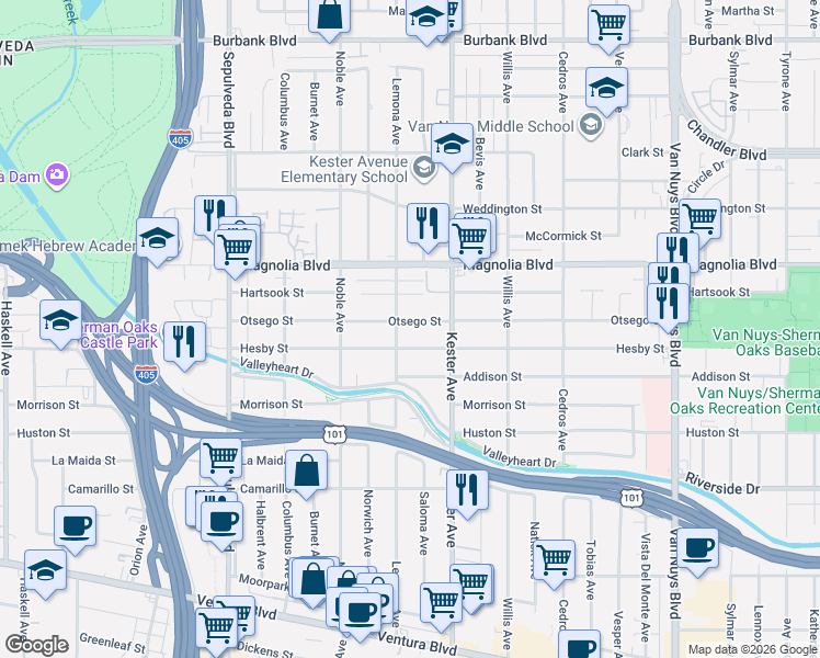 map of restaurants, bars, coffee shops, grocery stores, and more near 14955 Hesby Street in Los Angeles