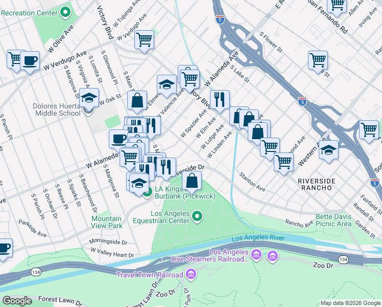map of restaurants, bars, coffee shops, grocery stores, and more near 1207 South Chavez Street in Burbank