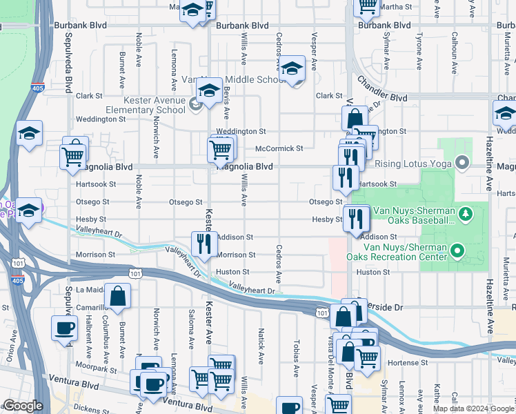 map of restaurants, bars, coffee shops, grocery stores, and more near 14738 Otsego Street in Los Angeles