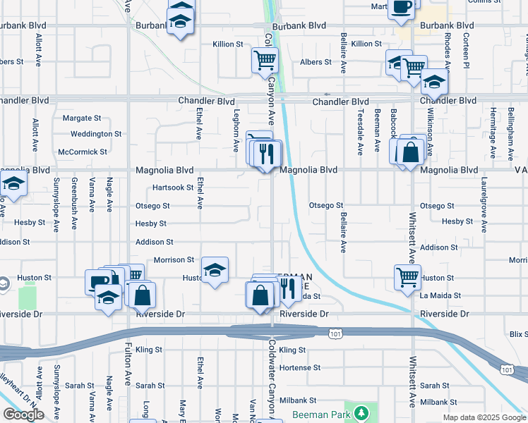 map of restaurants, bars, coffee shops, grocery stores, and more near 5055 Coldwater Canyon Avenue in Los Angeles