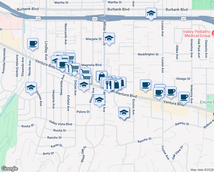 map of restaurants, bars, coffee shops, grocery stores, and more near 17661 Ventura Boulevard in Los Angeles