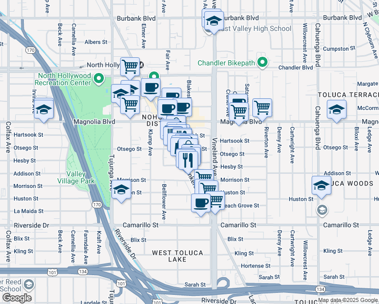 map of restaurants, bars, coffee shops, grocery stores, and more near 11054 Otsego Street in Los Angeles