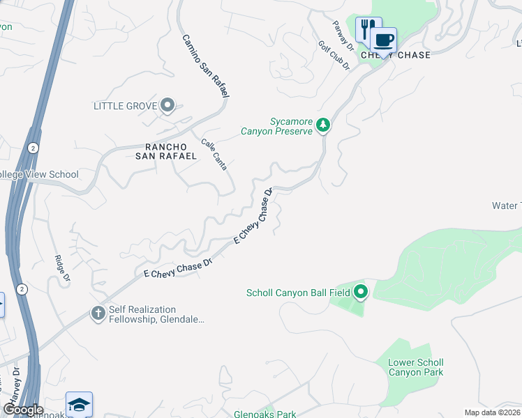 map of restaurants, bars, coffee shops, grocery stores, and more near 2589 East Chevy Chase Drive in Glendale