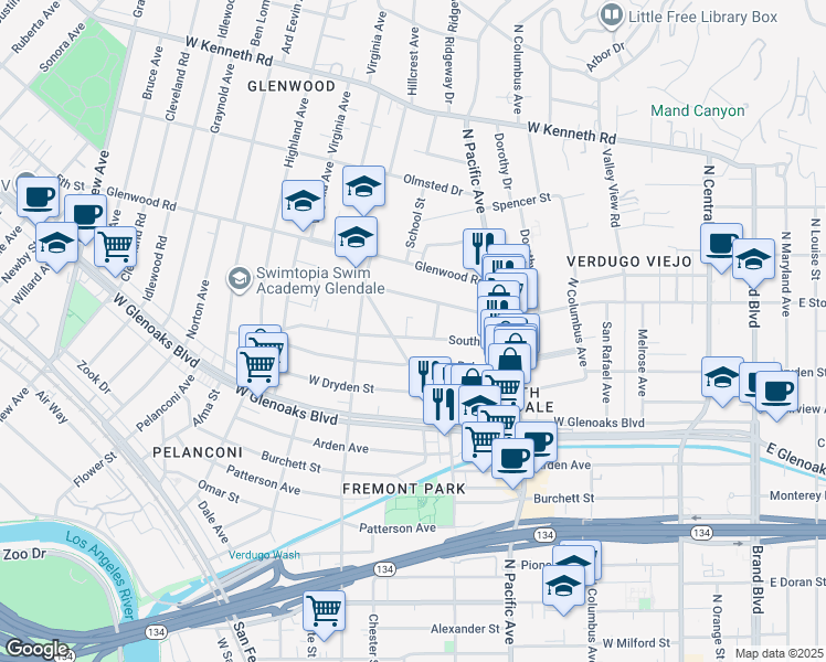 map of restaurants, bars, coffee shops, grocery stores, and more near 587 South Street in Glendale