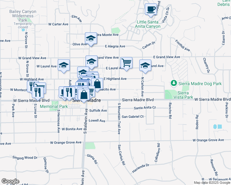 map of restaurants, bars, coffee shops, grocery stores, and more near 21 North Mountain Trail in Sierra Madre