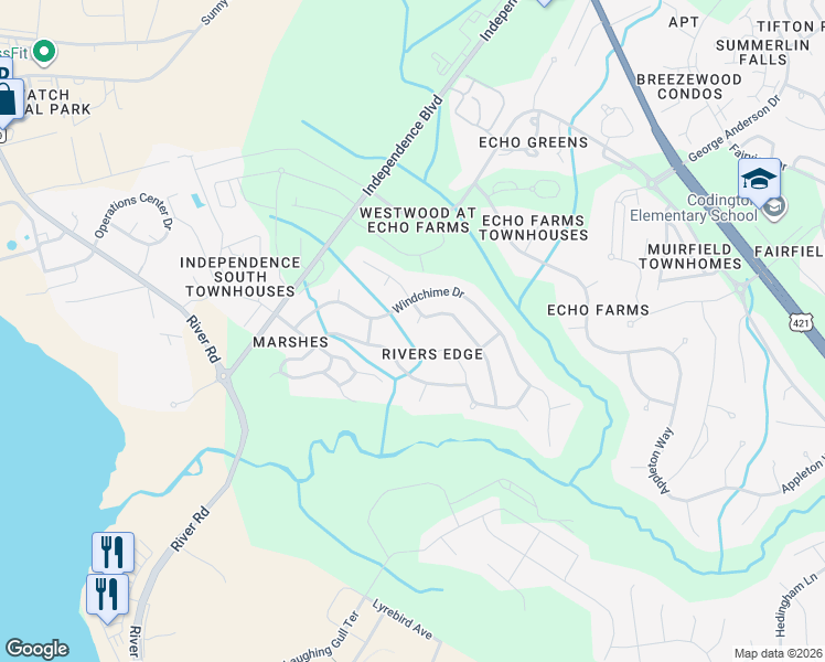 map of restaurants, bars, coffee shops, grocery stores, and more near 200 Waters Point Court in Wilmington