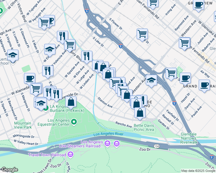 map of restaurants, bars, coffee shops, grocery stores, and more near 232 Irving Avenue in Glendale
