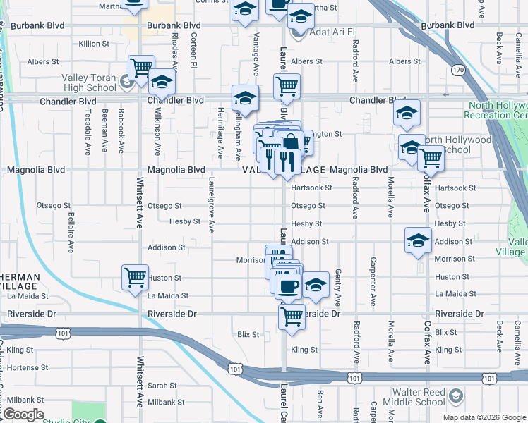 map of restaurants, bars, coffee shops, grocery stores, and more near 12132 Otsego Street in Los Angeles