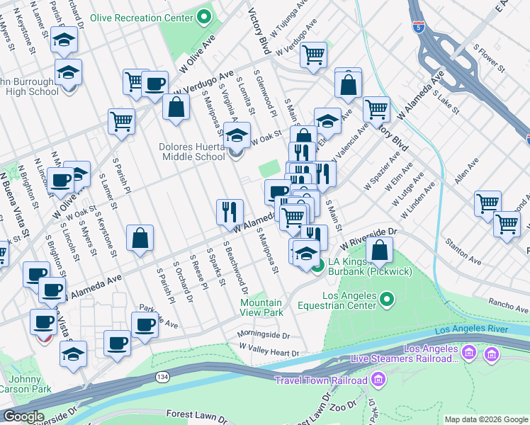 map of restaurants, bars, coffee shops, grocery stores, and more near 1205 West Alameda Avenue in Burbank