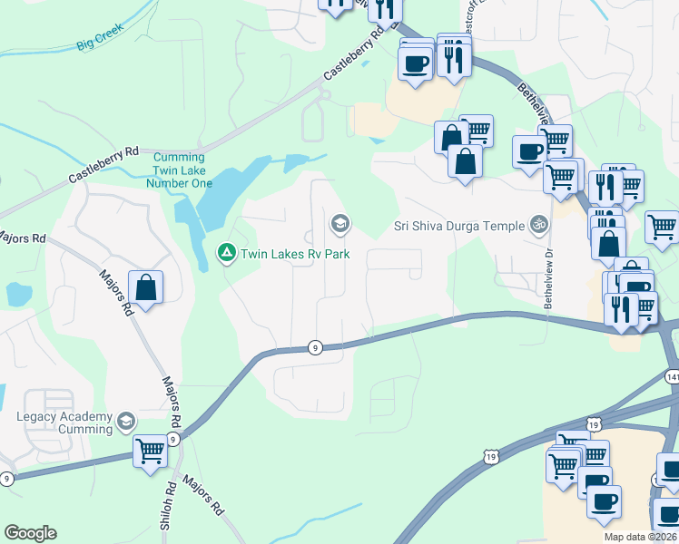 map of restaurants, bars, coffee shops, grocery stores, and more near 3041 Kentmere Drive in Cumming