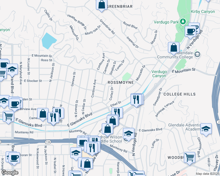 map of restaurants, bars, coffee shops, grocery stores, and more near 1211 Cortez Drive in Glendale