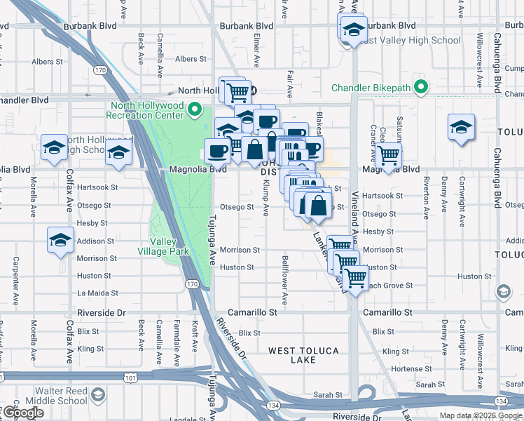 map of restaurants, bars, coffee shops, grocery stores, and more near 11246 Otsego Street in Los Angeles