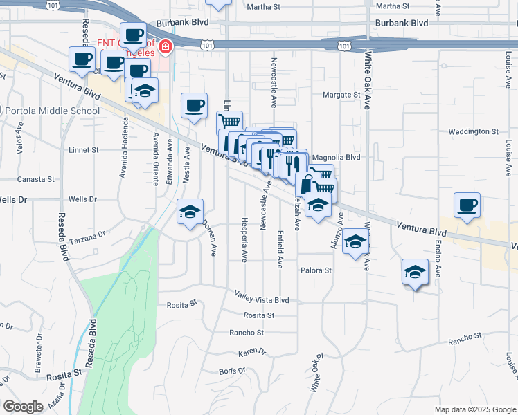 map of restaurants, bars, coffee shops, grocery stores, and more near 5129 Newcastle Avenue in Los Angeles