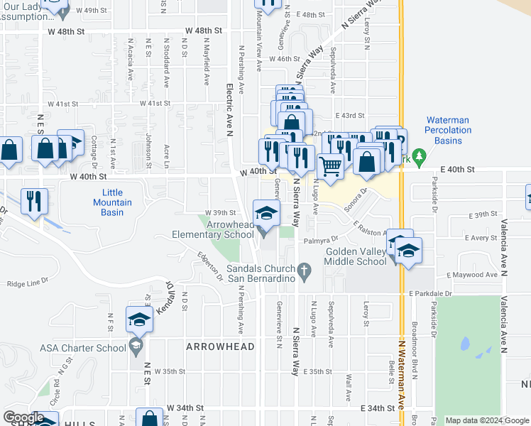map of restaurants, bars, coffee shops, grocery stores, and more near 3902 Genevieve Street North in San Bernardino