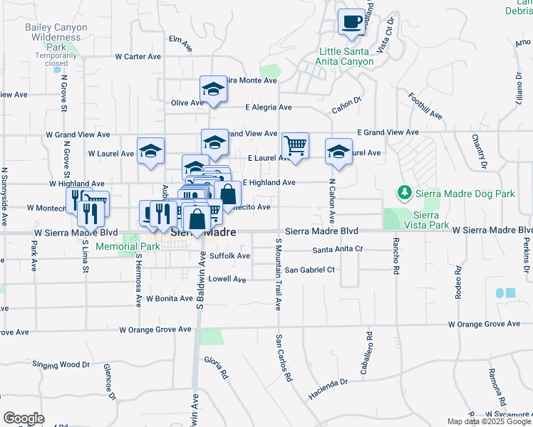 map of restaurants, bars, coffee shops, grocery stores, and more near 21 North Mountain Trail in Sierra Madre