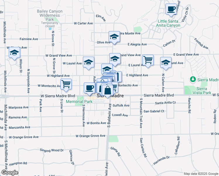 map of restaurants, bars, coffee shops, grocery stores, and more near in Sierra Madre