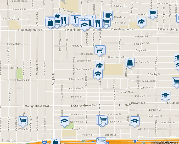 map of restaurants, bars, coffee shops, grocery stores, and more near 1745 East Mountain Street in Pasadena
