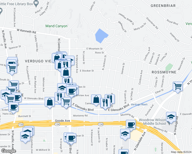 map of restaurants, bars, coffee shops, grocery stores, and more near 1122 Campbell Street in Glendale