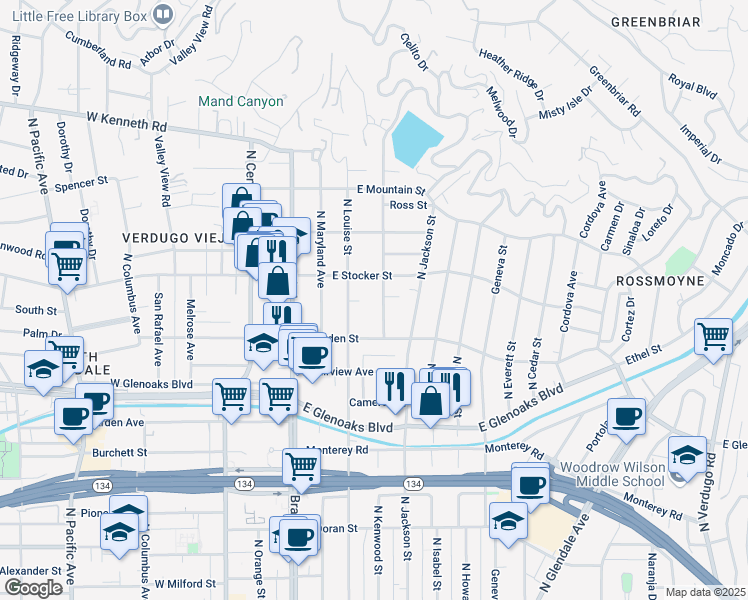 map of restaurants, bars, coffee shops, grocery stores, and more near 1122 Campbell Street in Glendale