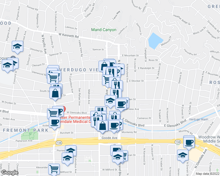 map of restaurants, bars, coffee shops, grocery stores, and more near 1137 North Central Avenue in Glendale