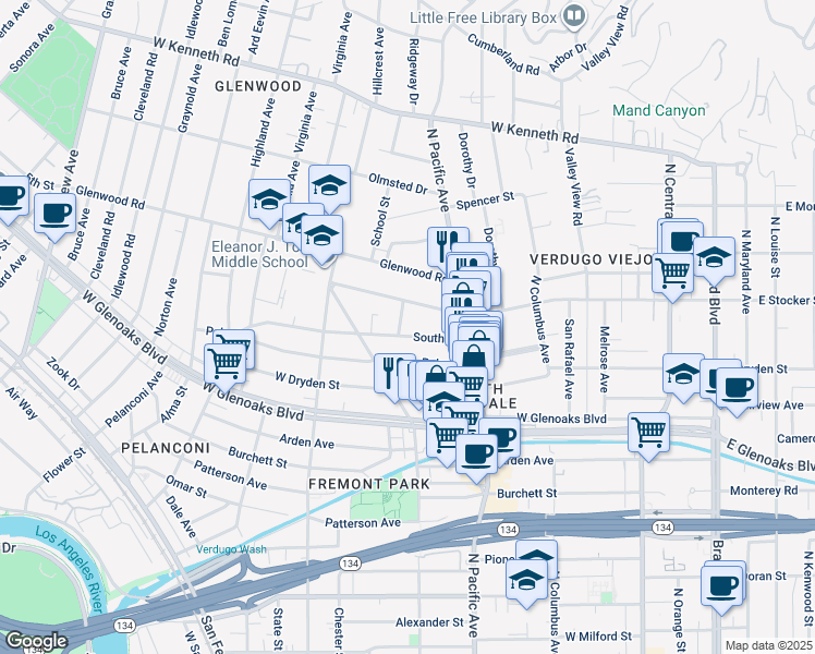 map of restaurants, bars, coffee shops, grocery stores, and more near 566 South Street in Glendale