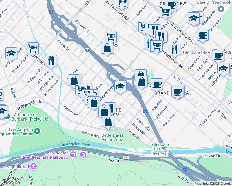 map of restaurants, bars, coffee shops, grocery stores, and more near 427 Winchester Avenue in Glendale