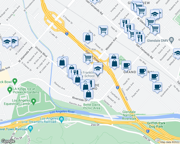 map of restaurants, bars, coffee shops, grocery stores, and more near 427 Winchester Avenue in Glendale
