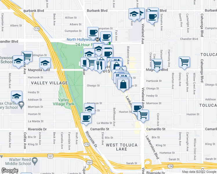 map of restaurants, bars, coffee shops, grocery stores, and more near 5066 Klump Avenue in Los Angeles