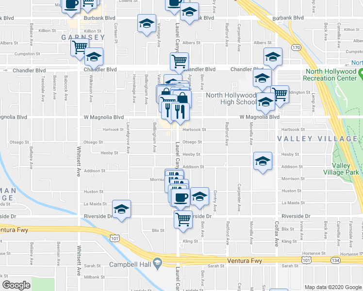 map of restaurants, bars, coffee shops, grocery stores, and more near 5047 Laurel Canyon Boulevard in Los Angeles