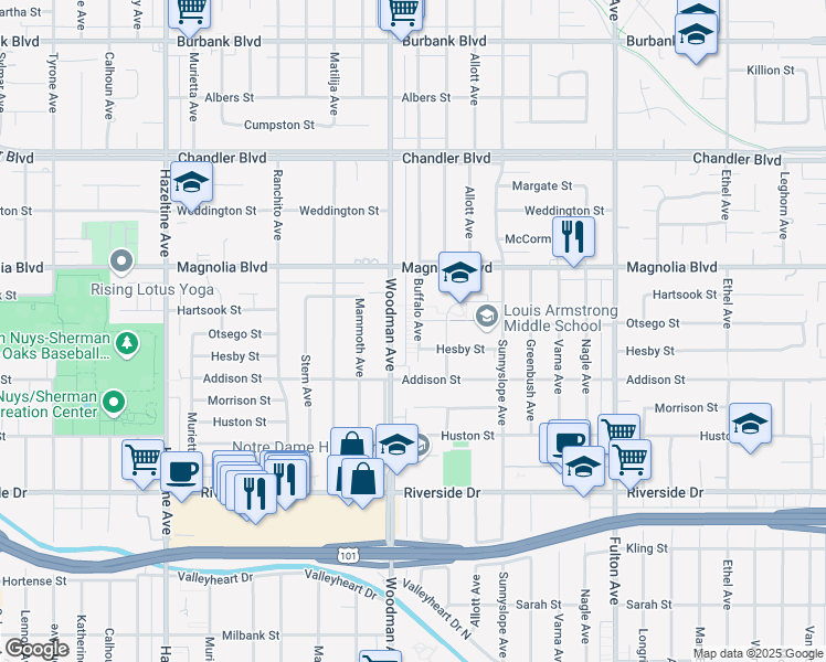 map of restaurants, bars, coffee shops, grocery stores, and more near 5030 Woodman Avenue in Los Angeles