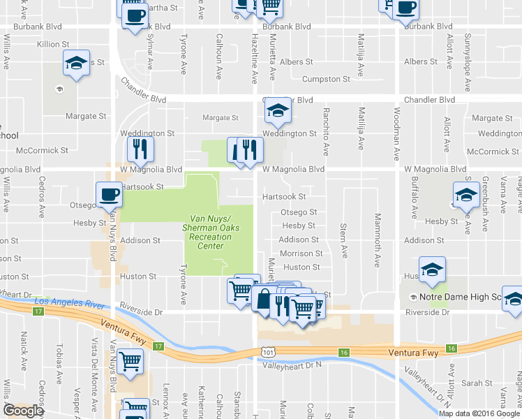 map of restaurants, bars, coffee shops, grocery stores, and more near 5038 Hazeltine Avenue in Los Angeles