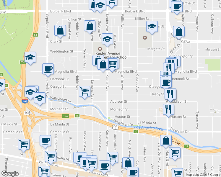 map of restaurants, bars, coffee shops, grocery stores, and more near 14833 Hesby Street in Los Angeles