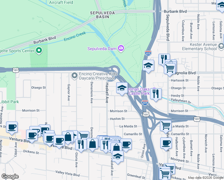 map of restaurants, bars, coffee shops, grocery stores, and more near 5046 Haskell Avenue in Los Angeles