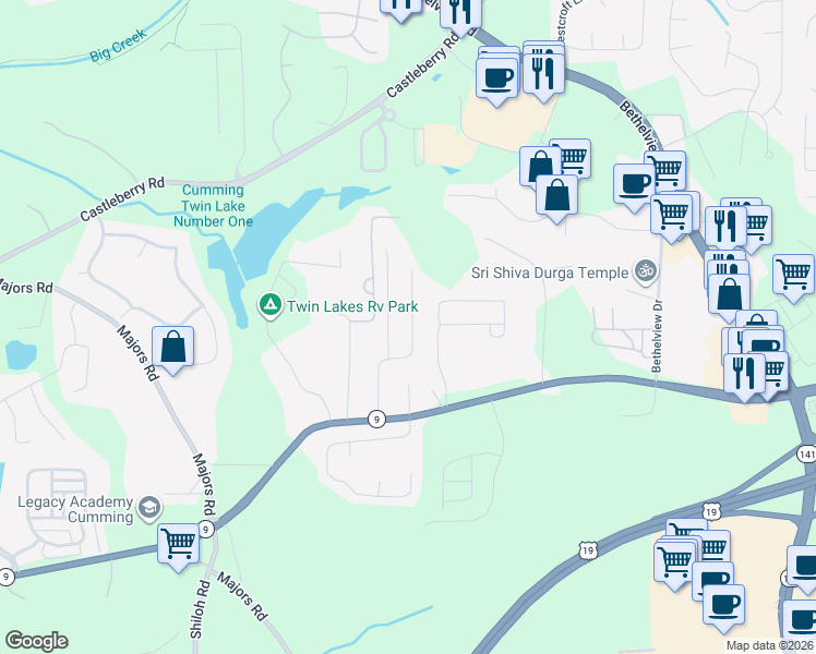 map of restaurants, bars, coffee shops, grocery stores, and more near 3041 Kentmere Drive in Cumming