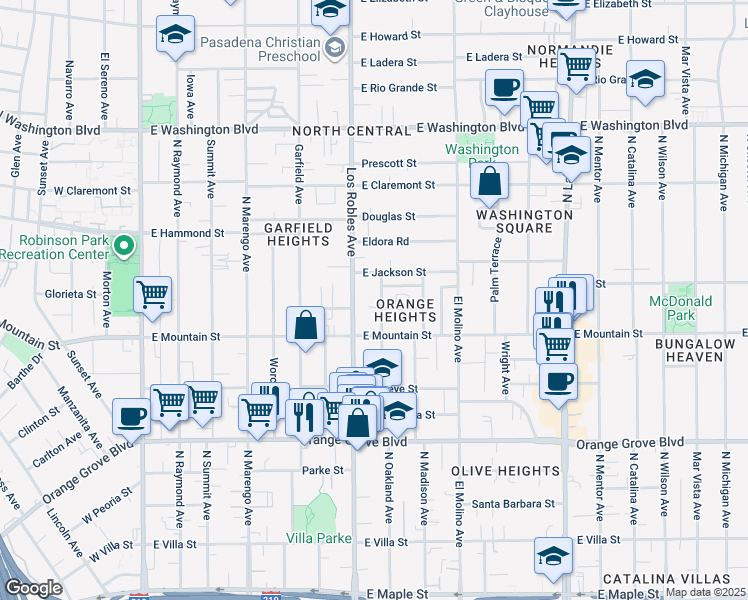 map of restaurants, bars, coffee shops, grocery stores, and more near in Pasadena