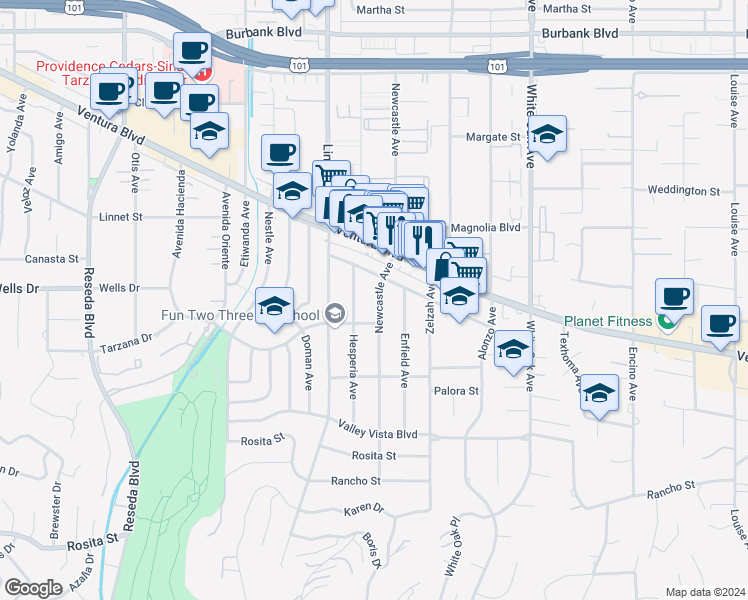 map of restaurants, bars, coffee shops, grocery stores, and more near 5129 Newcastle Avenue in Los Angeles